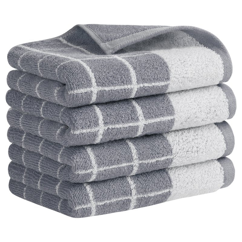 Checkered Cotton Hand Towel Set - Grey 4-Piece - Soft Absorbent & Quick-Drying