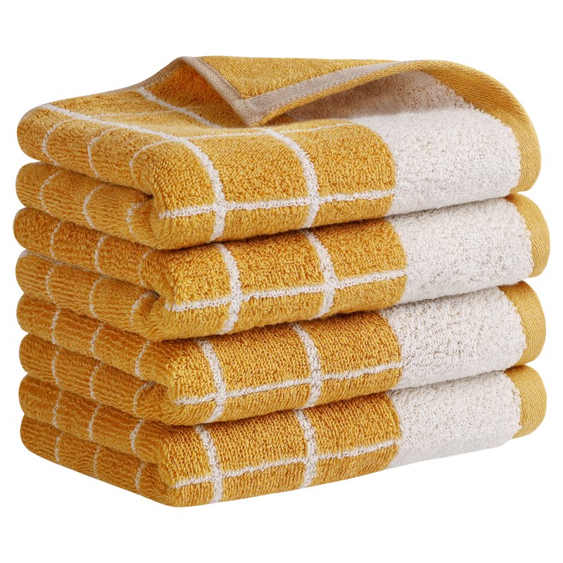 Checkered Cotton Hand Towel Set - Yellow 4-Piece - Soft & Absorbent