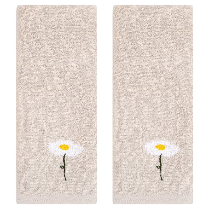 Cotton Floral Hand Towels Set - Light Brown 2-Pieces - Absorbent & Soft