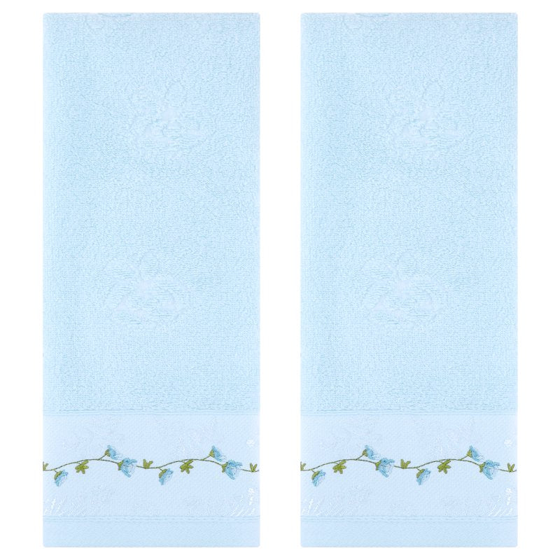 Blue Floral Embroidered Hand Towels Set - Soft Absorbent 2-Piece