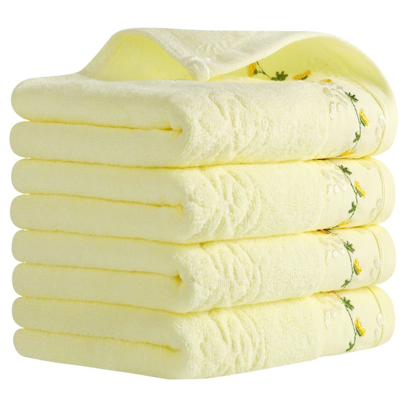Floral Embroidered Hand Towels Set - Soft Absorbent Light Yellow 4-Piece