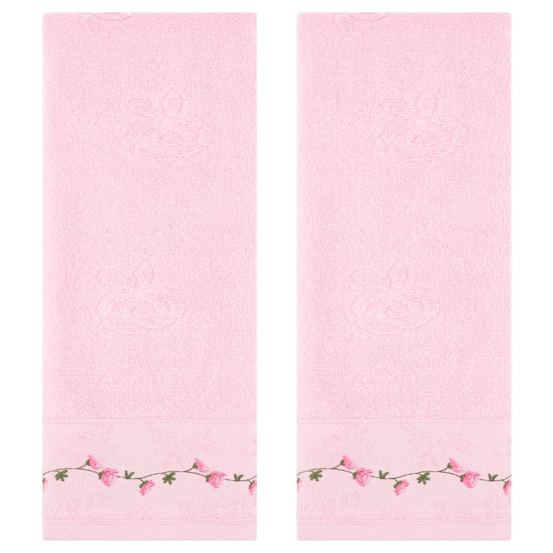 Pink Floral Embroidered Hand Towels 2-Piece - Soft & Absorbent Bathroom Set
