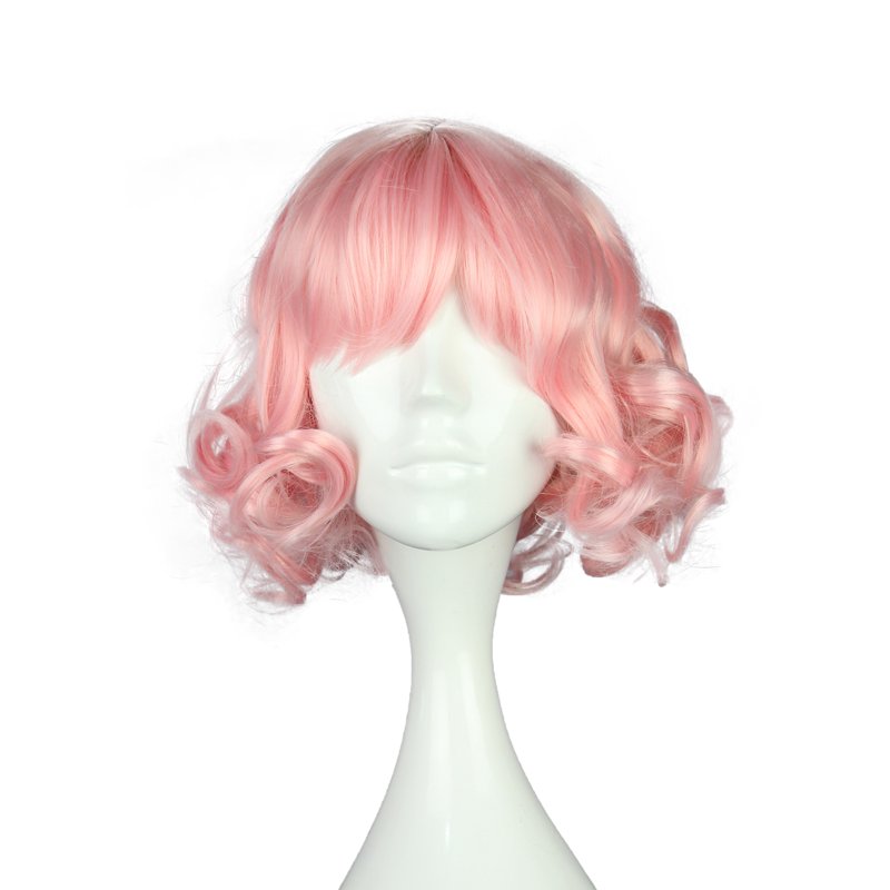 12" Pink Curly Human Hair Wig for Women with Adjustable Cap