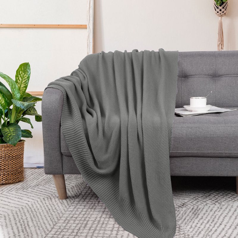 Pure Cotton Cable Knit Throw Blanket - Gray 51x59 Inches - Soft & Cozy