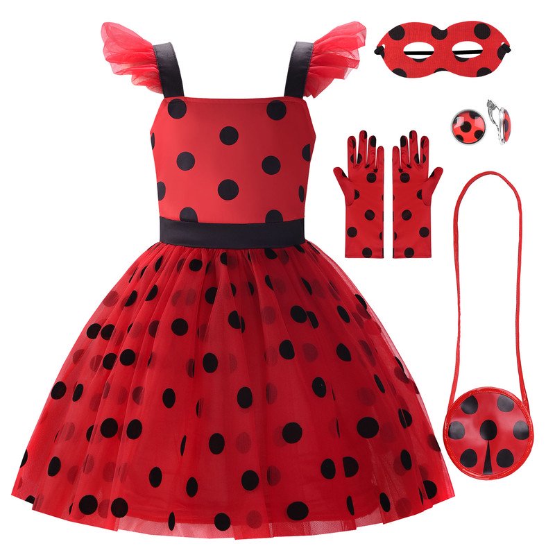 Girls Ladybug Costume Dress for Kids - Red 9-10 Years with Accessories