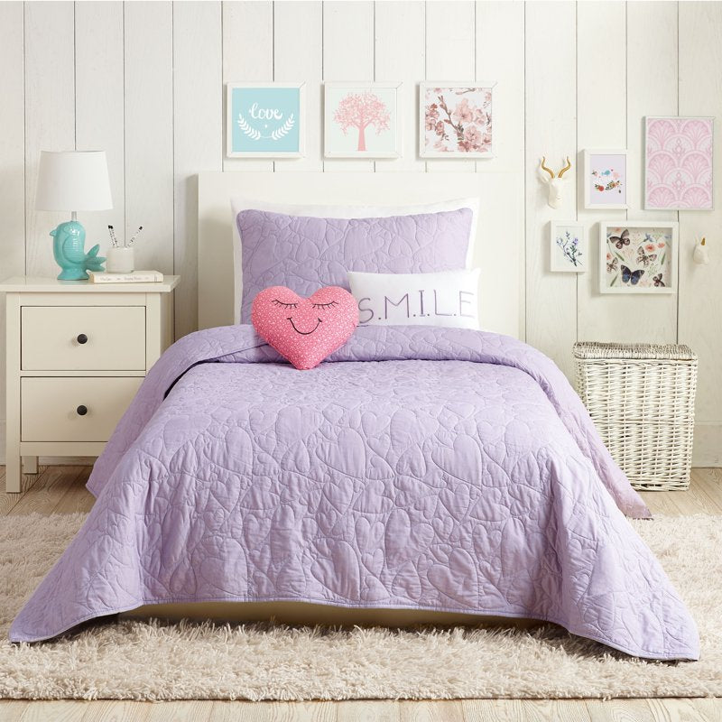 Urban Playground Kids Lavender Heart Twin Quilt Set with Pillows - 4 Piece