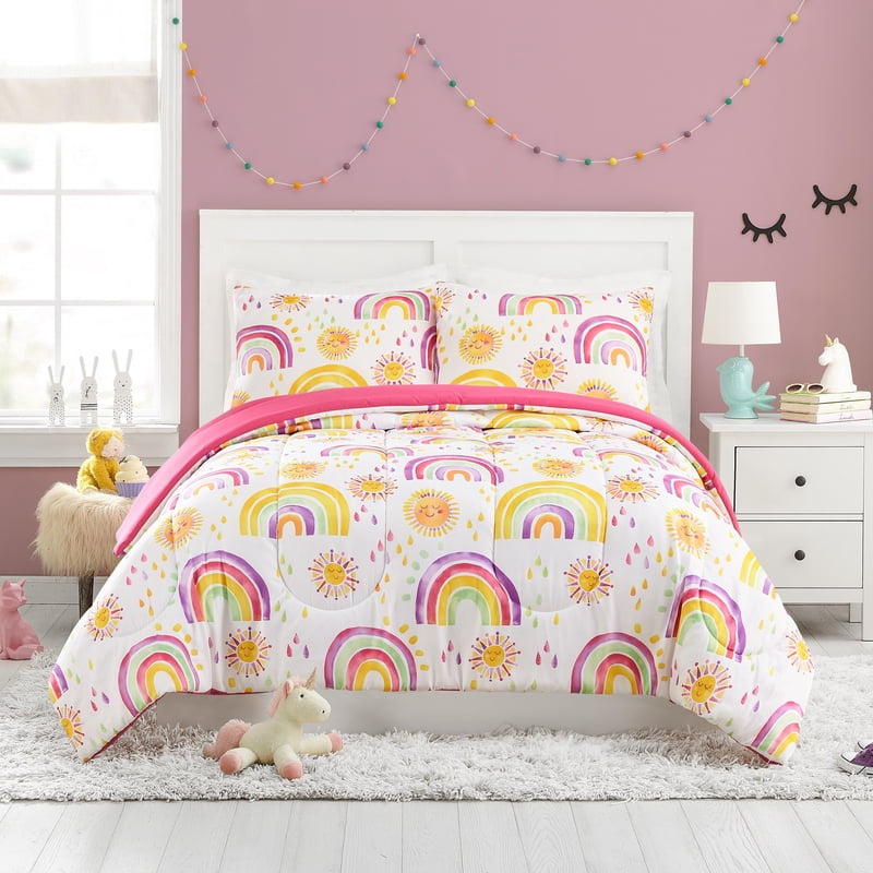 Pink Kids Comforter Set with Rainbows & Sun - Twin XL, 2-Piece