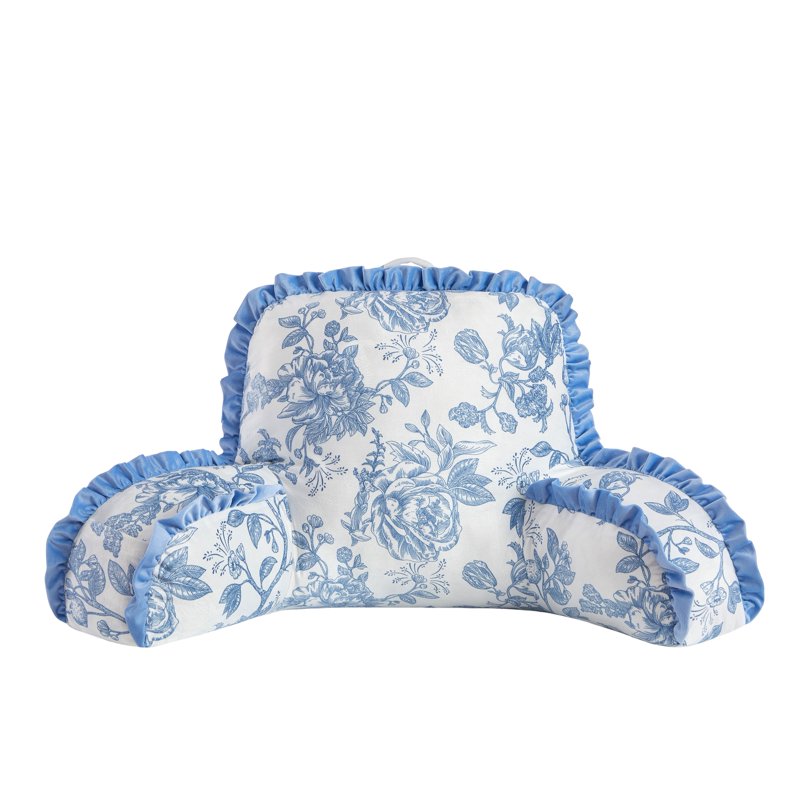 Blue Floral Backrest Pillow 35x22 Inch Cushion with Ruffled Edge - Support & Comfort