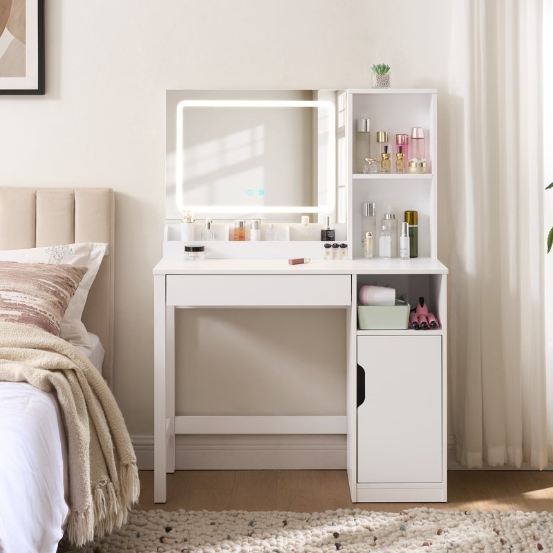 Lighted Vanity Table with Mirror and Storage - White Finish