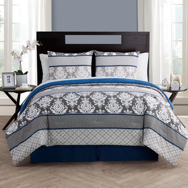 Queen Damask Bed-in-a-Bag Set - Blue Microfiber Bedding with Pillowcases & Bed Skirt