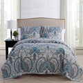 King Damask Quilt Set with Shams - Microfiber Bedding, Blue Beige Grey