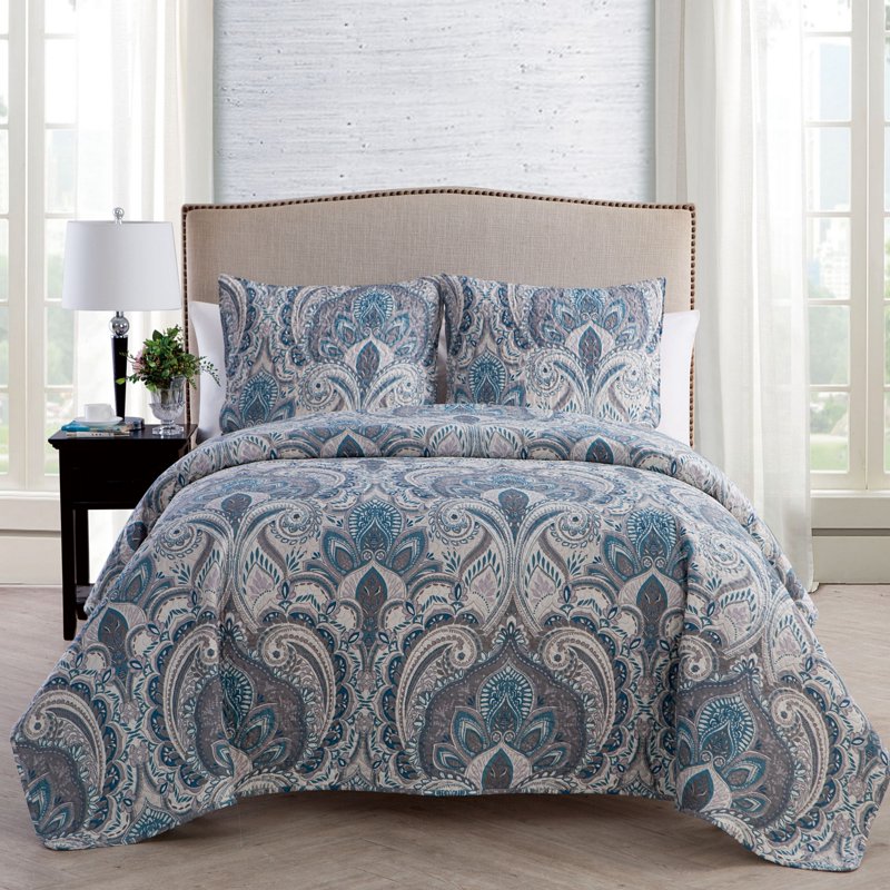 King Damask Quilt Set with Shams - Microfiber Bedding, Blue Beige Grey