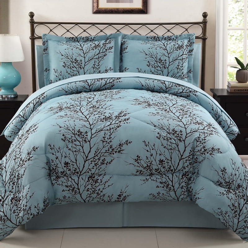 VCNY Home Leaf 8-Piece Reversible Bed in a Bag - Queen Blue/Chocolate