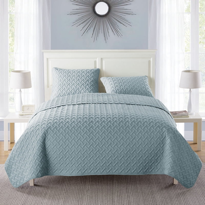 Twin Blue Geometric Quilt Set with Sham - Microfiber Bed Cover for Adults