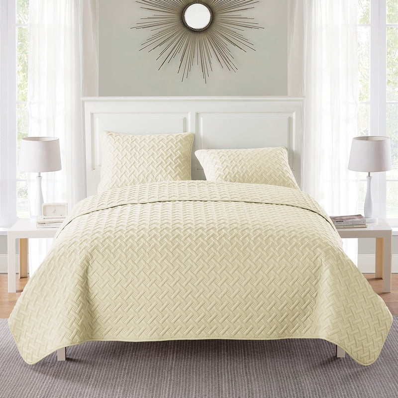 Twin Ivory Geometric Quilt Set with Sham - 2-Piece Microfiber Bed Cover