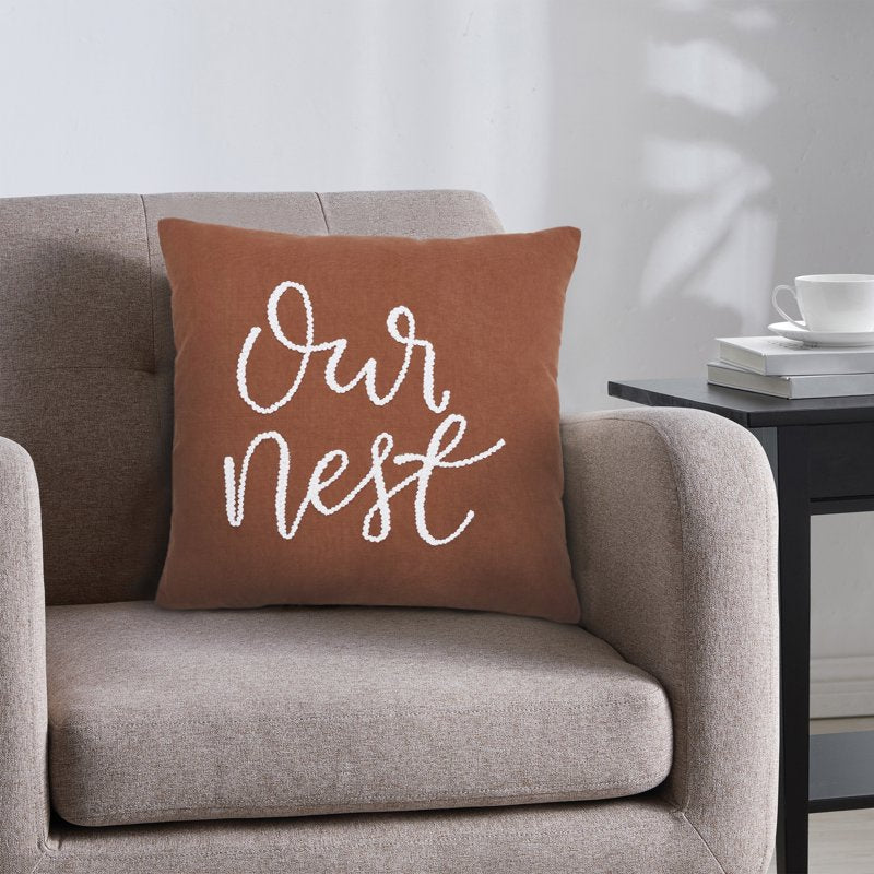 Our Nest Umber Brown Embroidered Cotton Decorative Pillow - 18 x 18 Inches