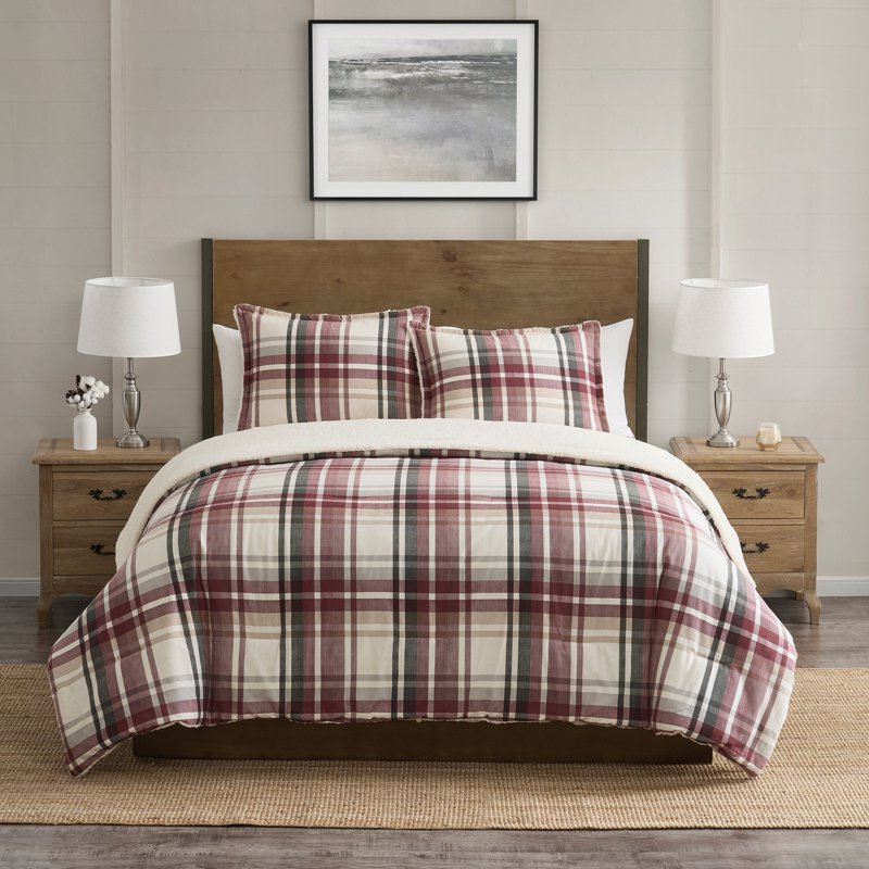 King Red Plaid Comforter Set with Sherpa - 3-Piece Bed Bedding