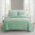 Queen Coastal Quilt Set with Embossed Sea Life Pattern - Green Textured Bed Cover