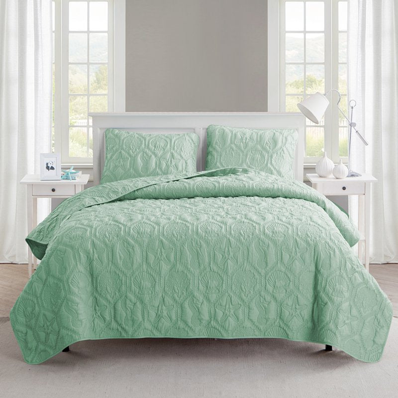 Queen Coastal Quilt Set with Embossed Sea Life Pattern - Green Textured Bed Cover