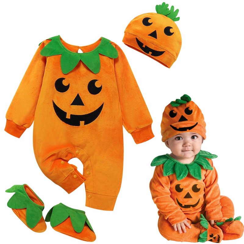 Baby Pumpkin Halloween Costume Set with Jumpsuit Hat and Shoes - Variation #02 (6-12 Months)