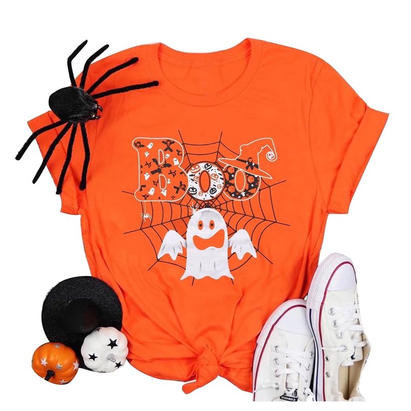 Women Halloween Boo T-Shirt Orange M Ghost Pumpkin Spider Graphic Crew Neck