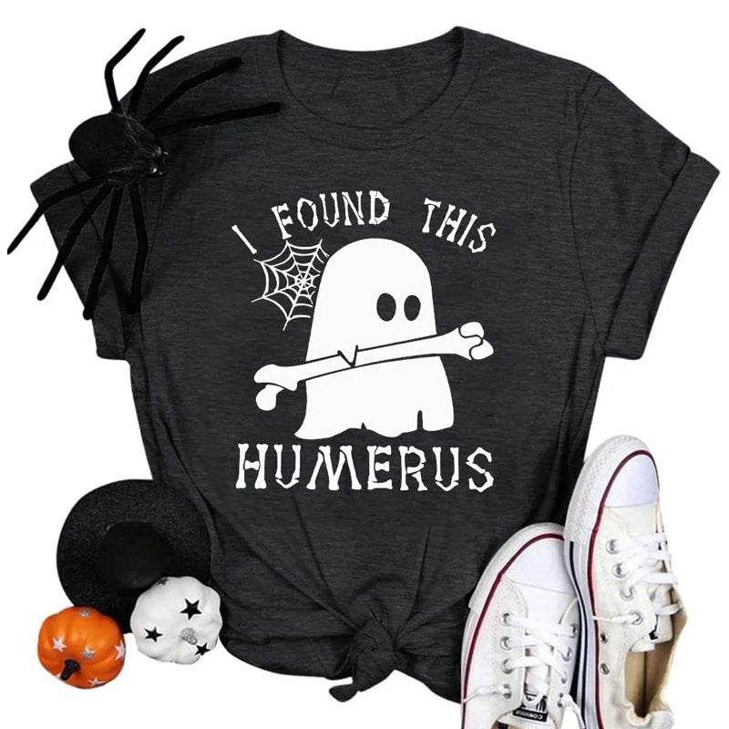 Halloween Ghost Graphic T-Shirt for Women - Dark Gray, L, Cute Spooky Tee