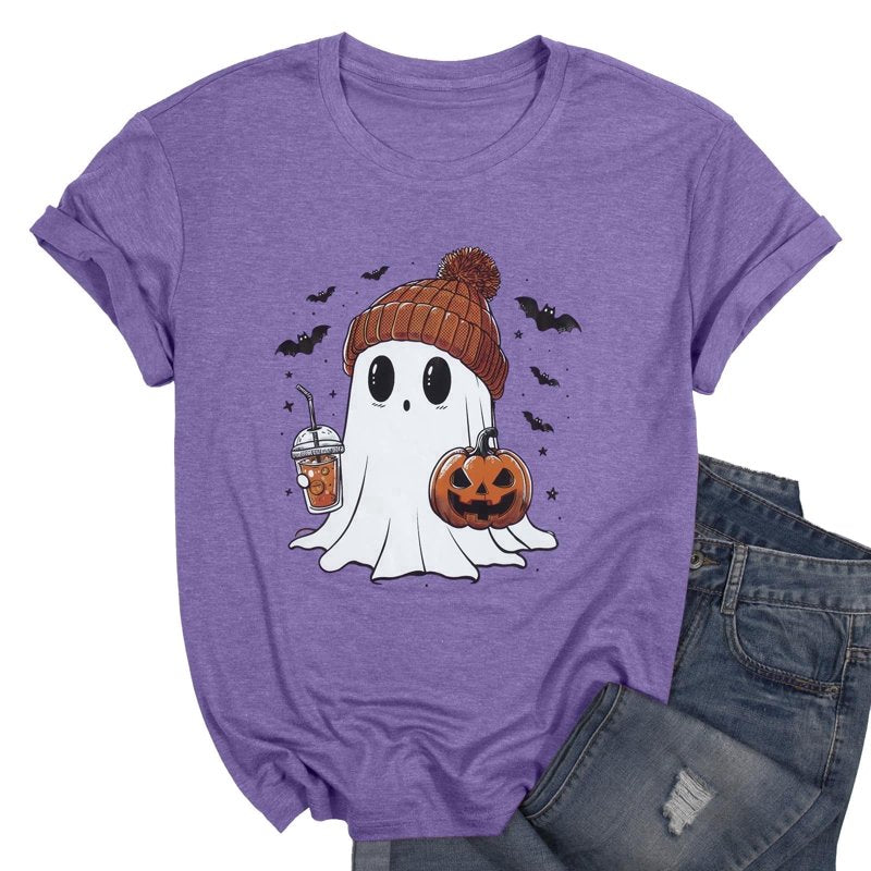 Purple Halloween Ghost Pumpkin T-Shirt for Women Cute Coffee Lover Graphic Tee - Small