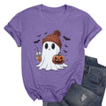 Purple Halloween Ghost Pumpkin T-Shirt for Women Cute Coffee Lover Graphic Tee - Small