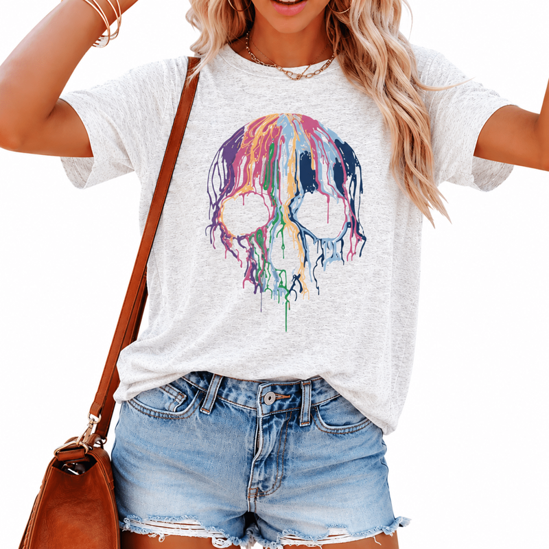 Women Skeleton Graphic T-Shirt Halloween Crew Neck Short Sleeve Tee - Gray White, 2XL