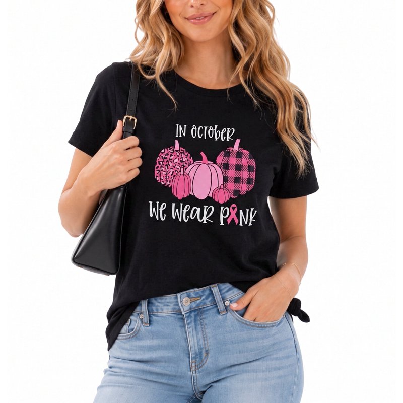 KimSoong Women's Breast Cancer Awareness T-Shirt D-Black XL Pumpkin Pink Ribbon Graphic Tee
