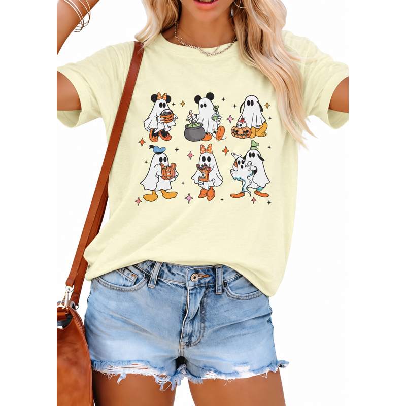 Women's Halloween Pumpkin T-Shirt with Ghost Graphic - Beige, Large