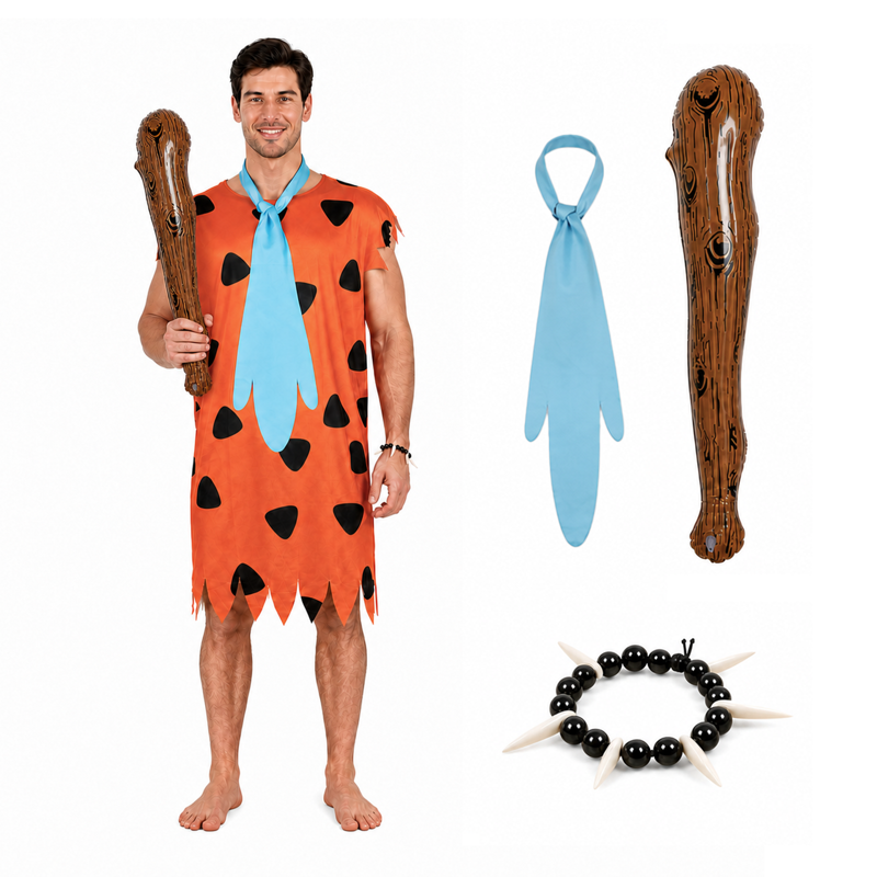 Adult Caveman Costume Set XL for Men - Stone Age Tunic with Club & Necklace