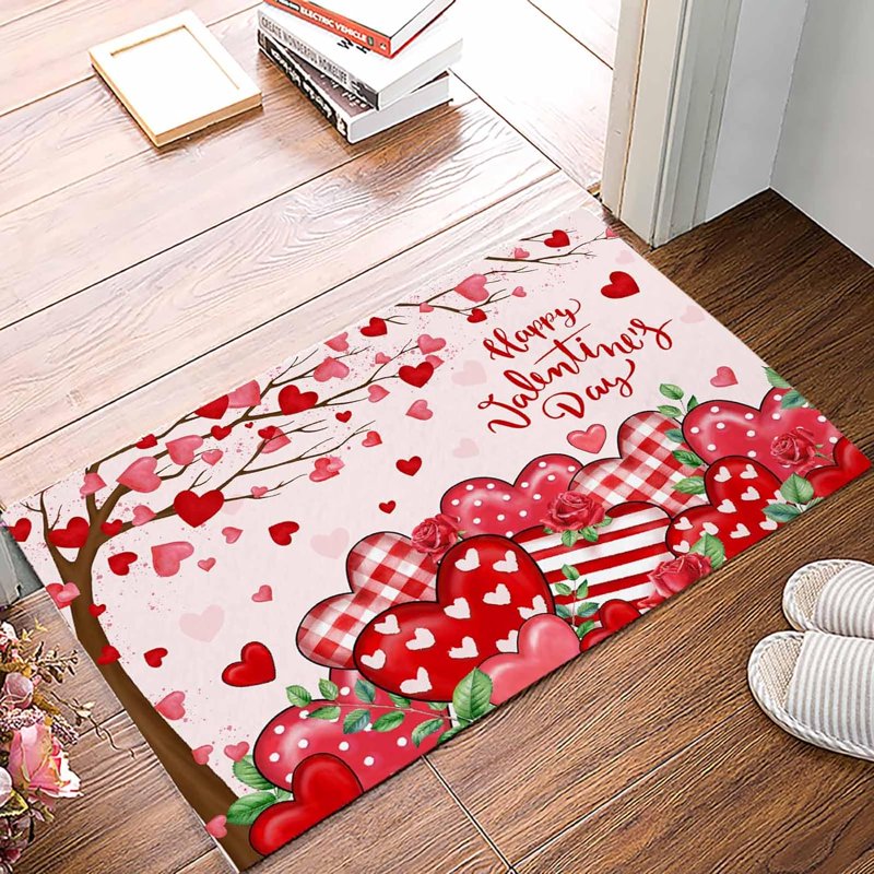 Valentine's Day Heart Tree Entrance Doormat - Pink Welcome Rug 30x18 inch, Non-Slip Indoor Entryway Decor