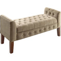 Velvet Upholstered Button Tufted Storage Bench Settee - Beige and Brown