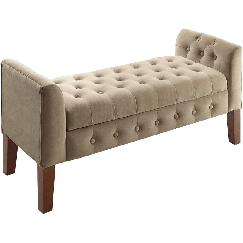 Velvet Upholstered Button Tufted Storage Bench Settee - Beige and Brown