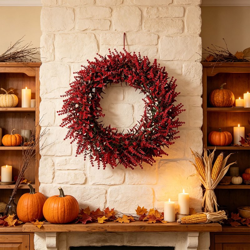 Vibrant Red Wheat Wreath for Front Door Fall Decor - Halloween & Thanksgiving