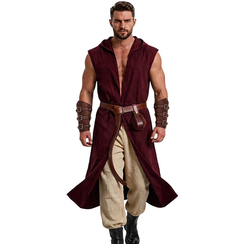 Men's Medieval Hooded Tunic Costume Set - Red, XXL Halloween Renaissance Outfit with Belt Pouch & Bracers