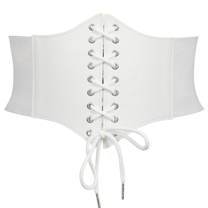 Women Lace-Up Corset Waist Belt - White, Adjustable Leather & Elastic Wide Belt for Dresses