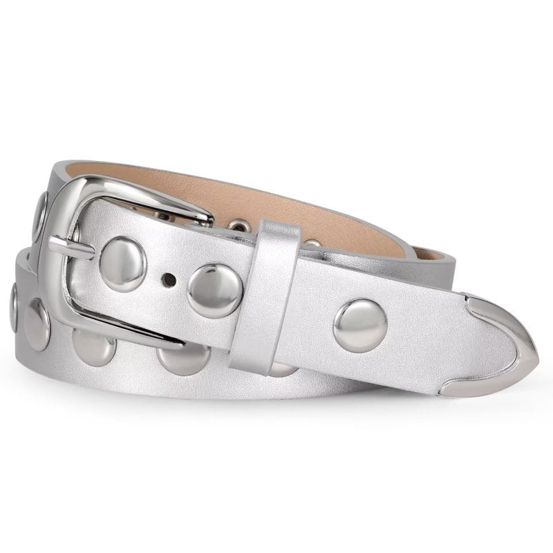 Women's Leather Belt for Jeans & Dresses - Silver, Fits 40-44" - Studded PU Fashion Belt