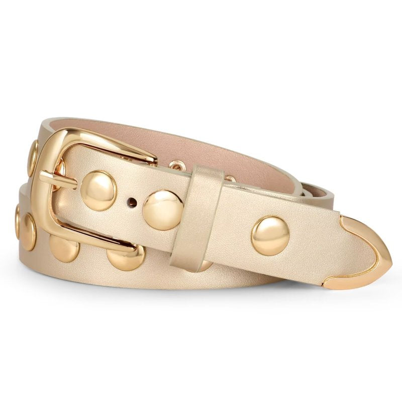 Women's Leather Belt for Jeans & Dresses - Gold, Fits 32-36 Inches - Studded PU Belt
