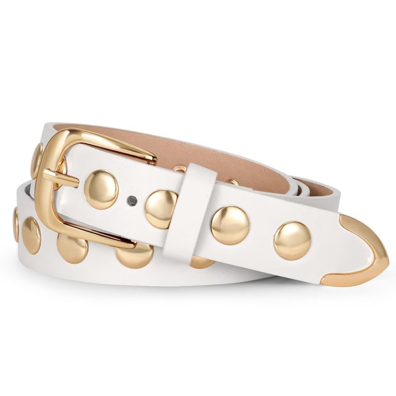 Women's Leather Belt for Jeans & Dresses - Studded PU Retro Waist Accessory - White, Fits 32-36"