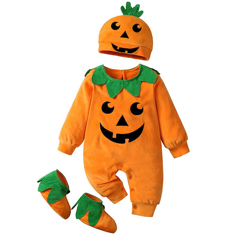 Baby Halloween Pumpkin Costume Set 3PCS Unisex Romper Hat Socks 6-12 Months