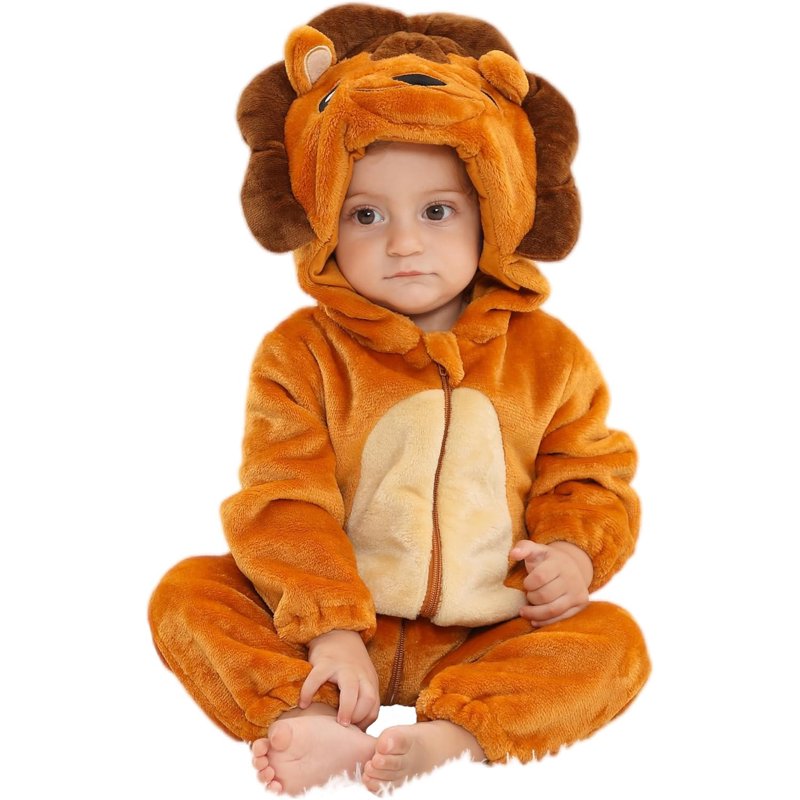 Baby Animal Costume Romper - Unisex Flannel Lion Jumpsuit 6-12 Months