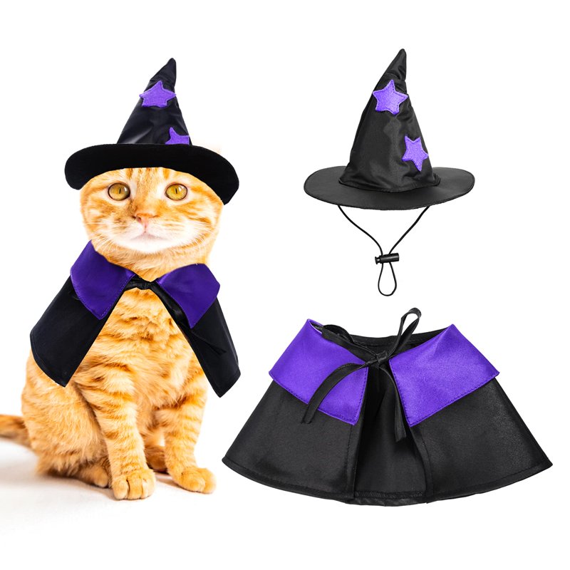 Pet Halloween Costume Wizard Cloak & Hat for Cats Dogs - Variation Witch A S