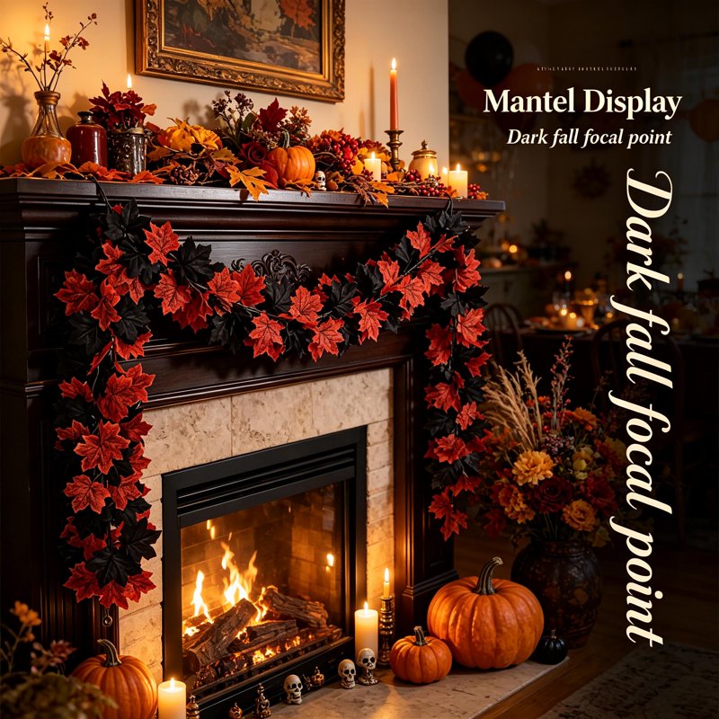 Halloween Maple Leaf Garland - Multicolor F, 71in Black Red Fall Foliage Vine
