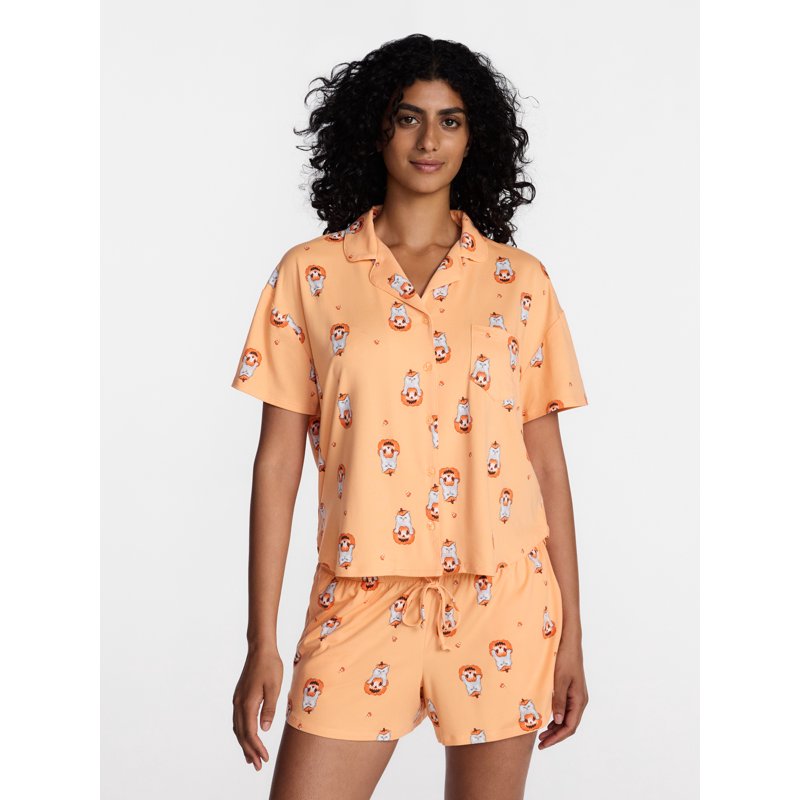 Women's Halloween Notched Top and Shorts Pajama Set - Salmon Buff 3X