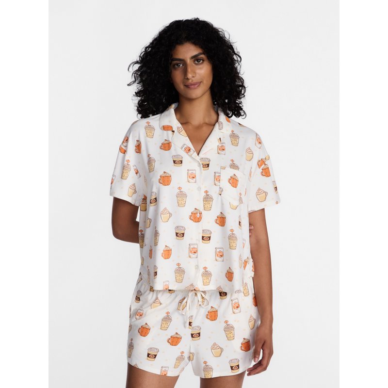 Winter White Coffee Women's Notched Top & Shorts Pajama Set - XS