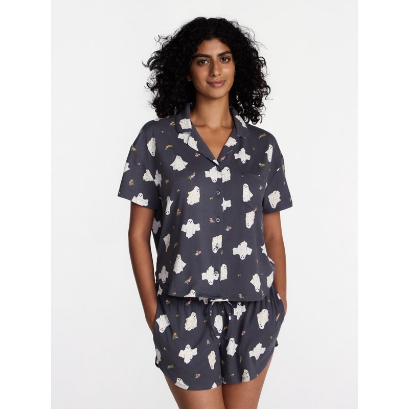 Halloween Women's Notched Top & Shorts Pajama Set Gray Lead 2X - Cozy Sleepwear
