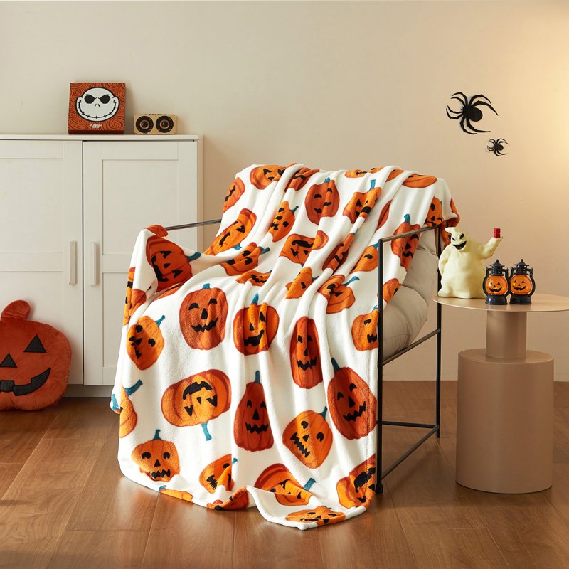 Halloween Jack-O'-Lantern Plush Oversized Couch Throw Blanket - Pumpkins, Cream & Orange, 50 x 72 in