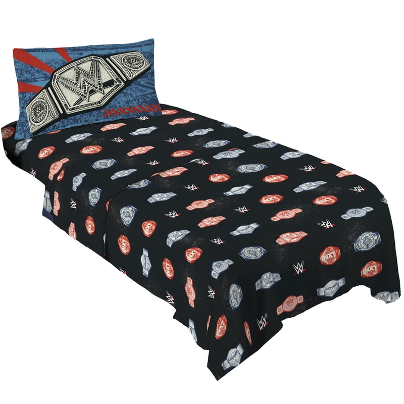 WWE Kids Twin Black 3-Piece Sheet Set with Championship Belt & Logo Print